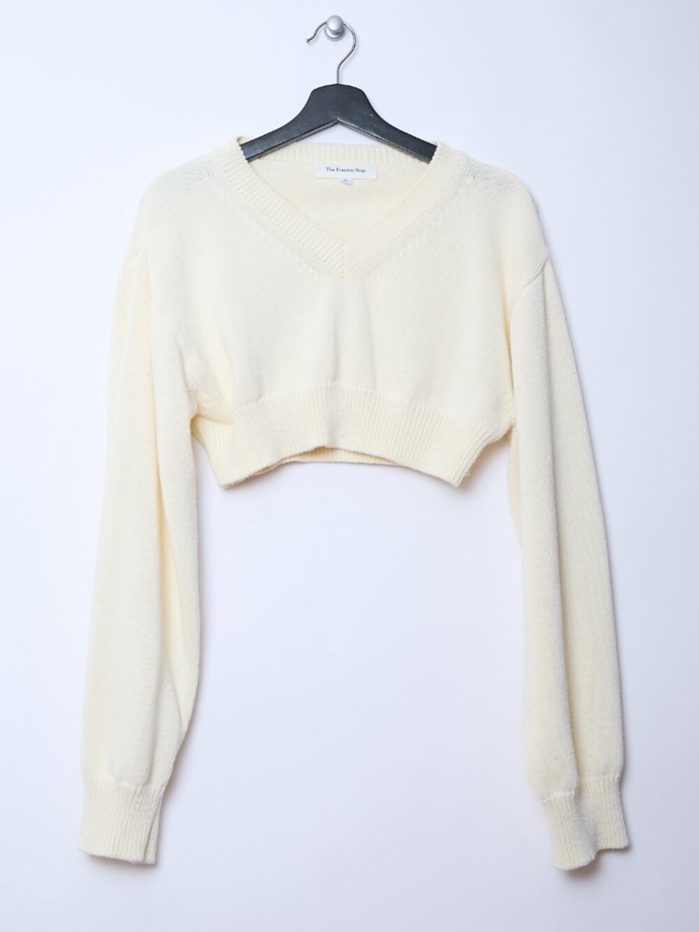 The Frankie Shop 100% Cotton Cropped V-Neck Ivory Sweater cottagecore coastal